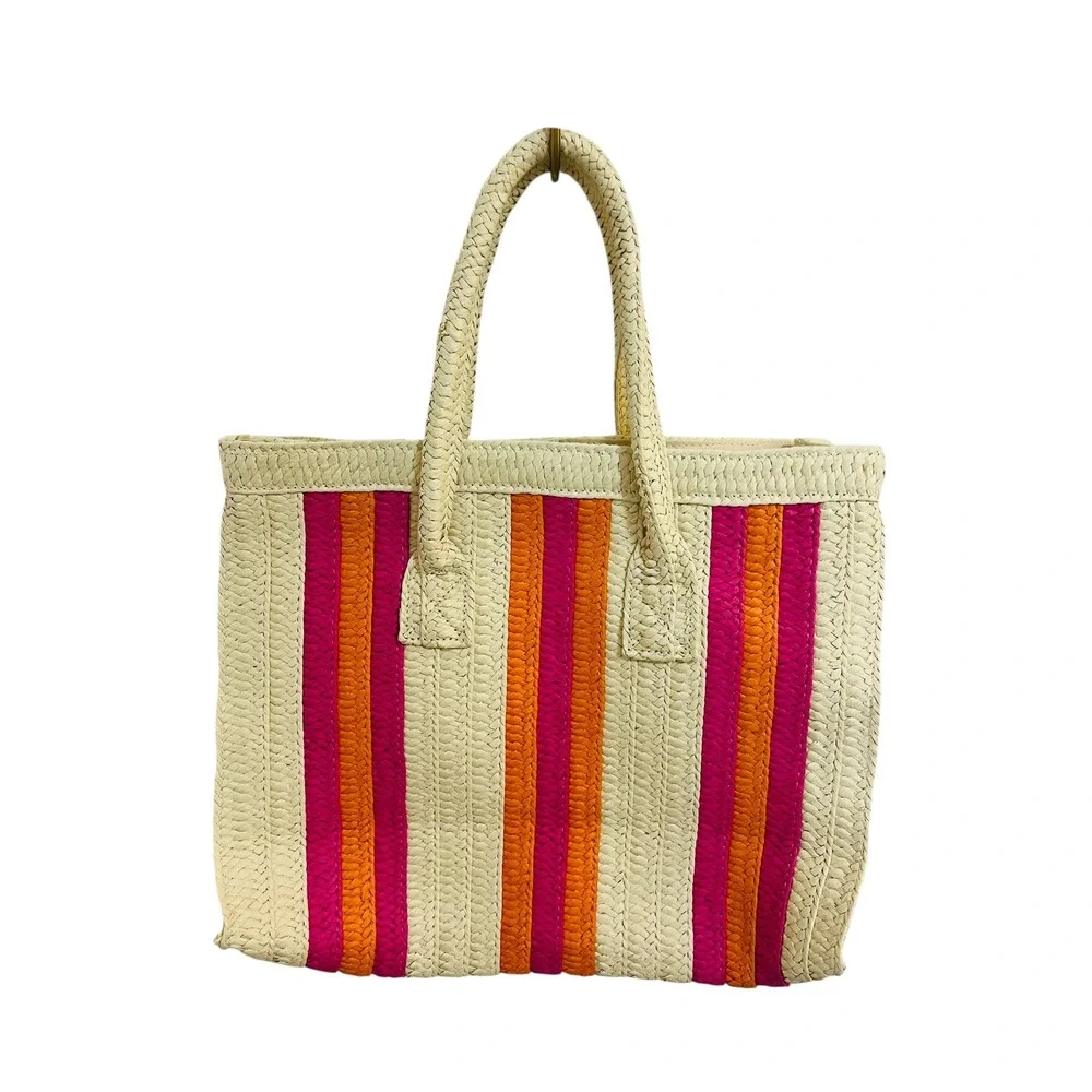 NEW Joe Fresh Straw Tote‎ Bag Striped Pink Orange Beach Travel Shoulder Bag - Picture 2 of 6